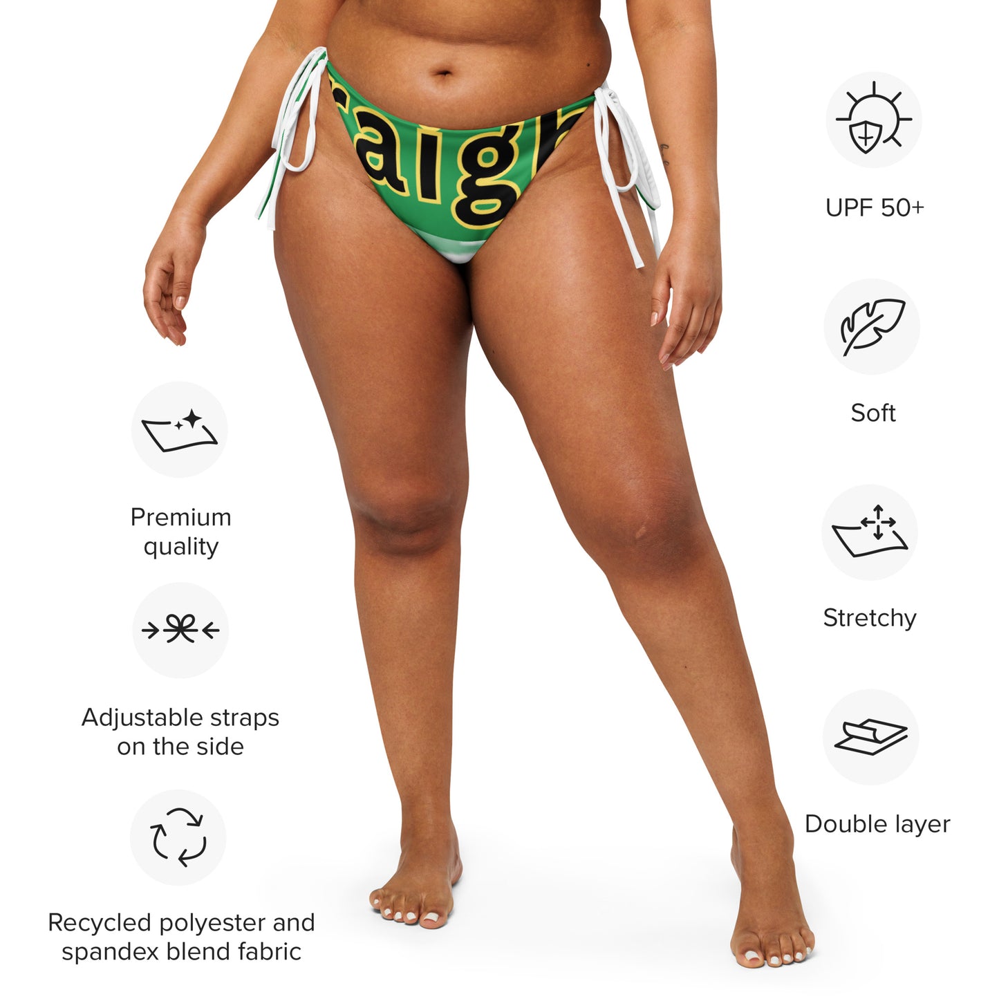 Straight Outta Jamaica" Front side print recycled string bikini bottom