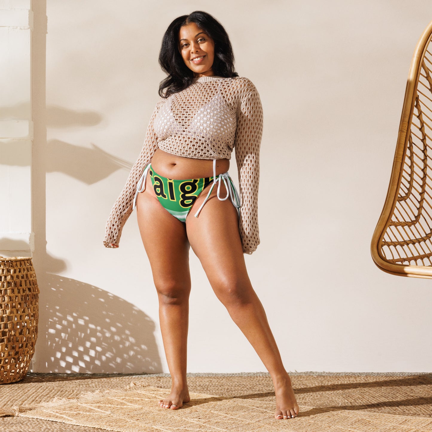 Straight Outta Jamaica" Front side print recycled string bikini bottom