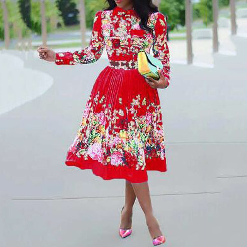 Aitebi-High Waisted Long Sleeve Pleated Dress