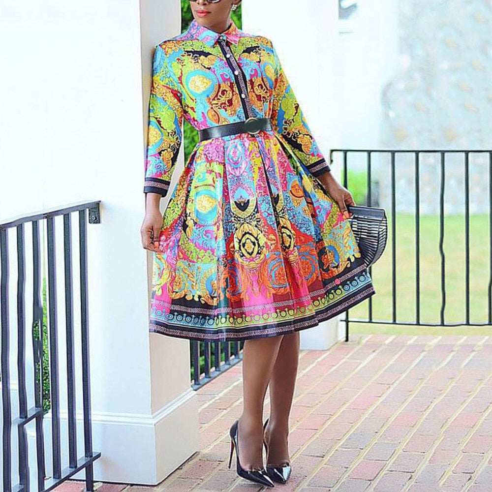 Aitebi-High Waisted Long Sleeve Pleated Dress