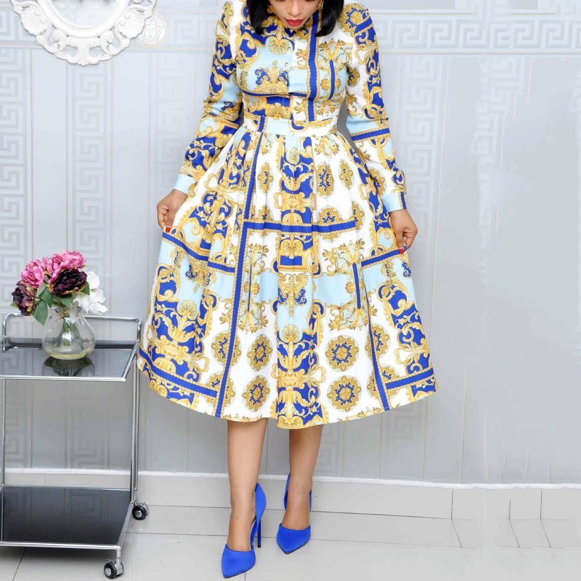 Aitebi-High Waisted Long Sleeve Pleated Dress