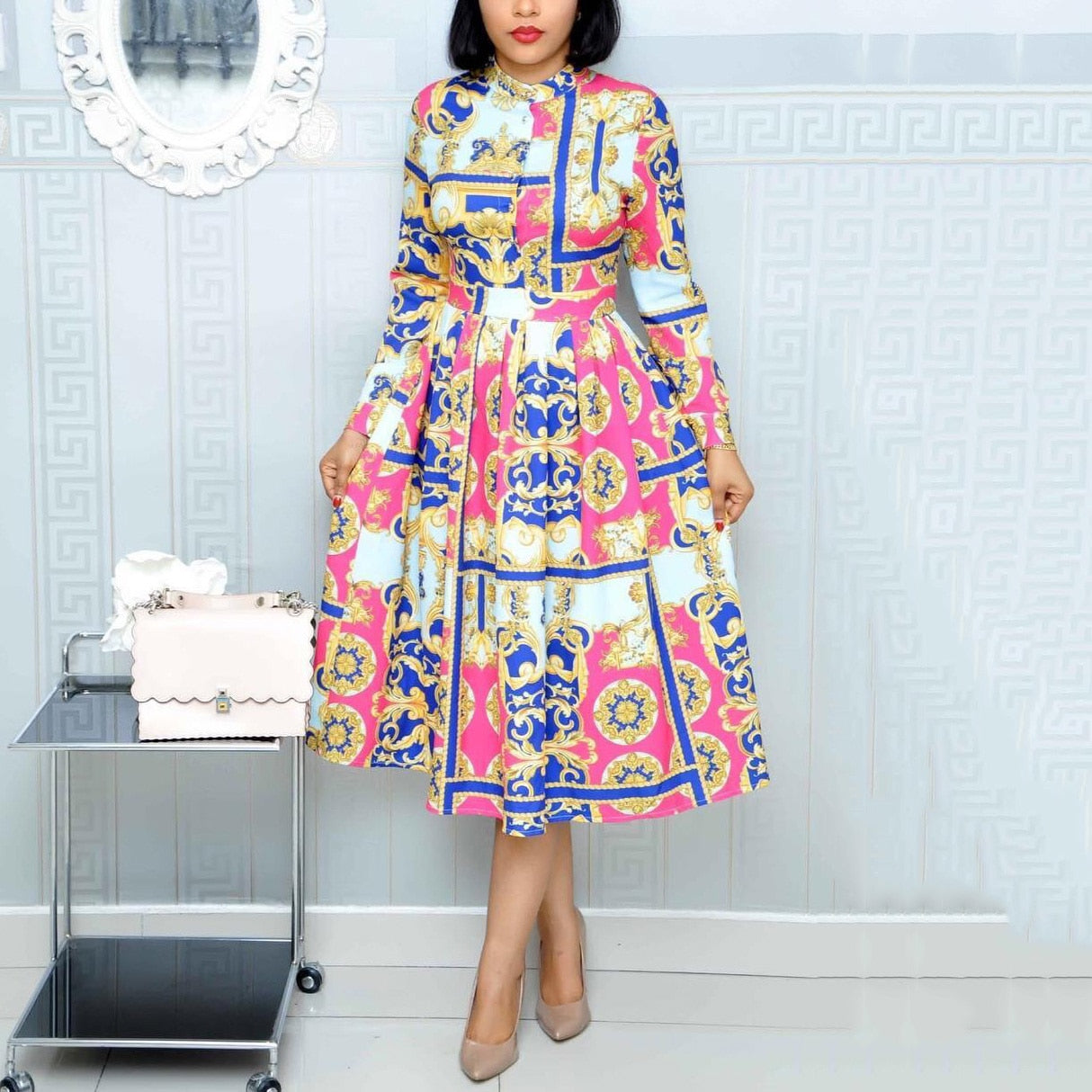 Aitebi-High Waisted Long Sleeve Pleated Dress